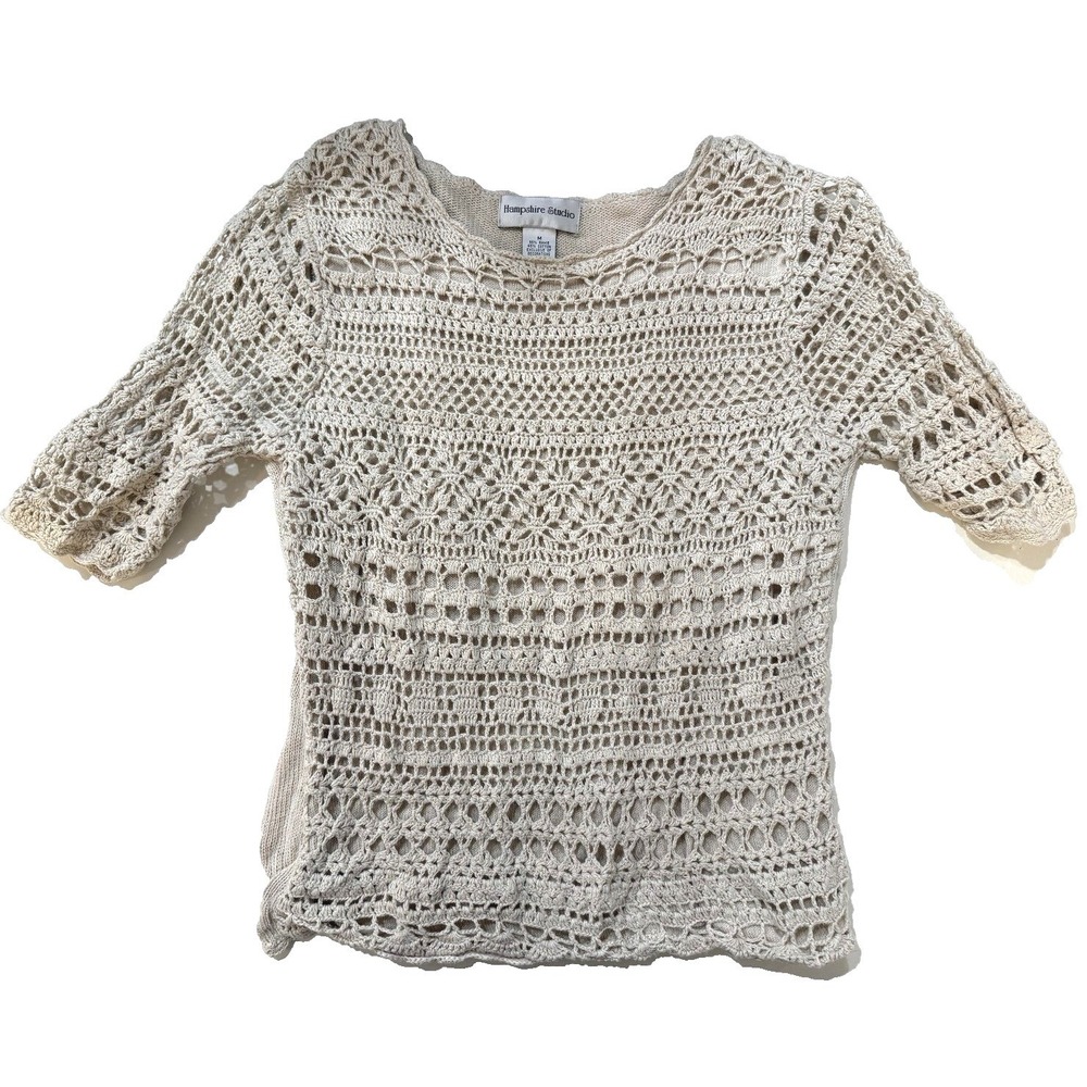 Y2K Boho Crochet Top Women M Beige Open Knit Cottagecore Hampshire Studio